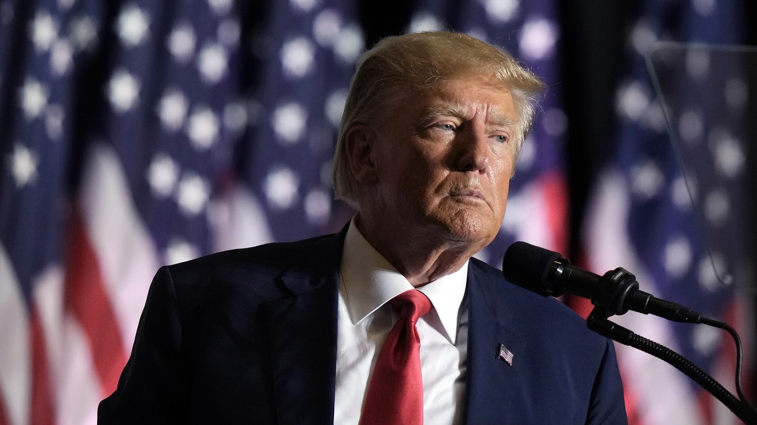 Former President Donald Trump speaks during a rally, Friday, July 7, 2023, in Council Bluffs, Iowa. (AP Photo/Charlie Riedel)