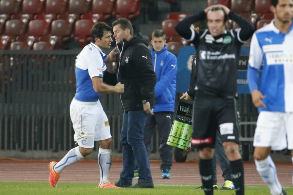 Wer hätte das gedacht? Salatic klatsch nach seinem Treffer mit Trainer Skibbe ab.