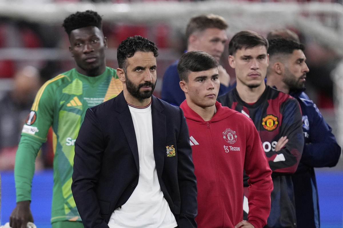 Manchester United's head coach Ruben Amorim reacts at the end of the Europa League final soccer match between Tottenham Hotspur and Manchester United at the San Mames Stadium in Bilbao, Spain, We ...