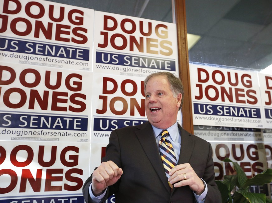 In this Dec. 10, 2017, photo, Doug Jones speaks during a campaign rally in Birmingham, Ala. Jones, a Democrat who once prosecuted two Ku Klux Klansmen in a deadly church bombing and has now broken the ...