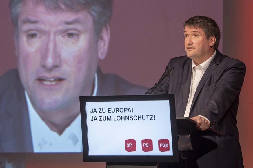 Der Praesident der SP Schweiz, Christian Levrat bei seiner Rede anlaesslich der Delegiertenversammlung der SP Schweiz vom Samstag, 2. Maerz 2019 in Goldau. (KEYSTONE/Urs Flueeler)