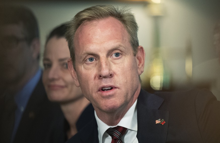 Acting Secretary of Defense Patrick Shanahan speaks about the situation in the Persian Gulf region during a meeting with Portuguese Minister of National Defense Joao Cravinho, at the Pentagon, Friday, ...