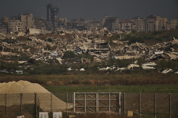 Buildings that were destroyed during the Israeli ground and air operations stand in the northern Gaza Strip as seen from southern Israel, Thursday, July 2, 2026, on the 1,000th day of war since the Ha ...