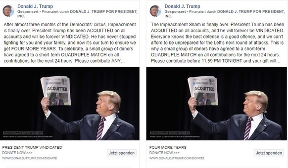 Gleiches Inserat, unterschiedlicher Text: Facebook-Werbung zum Ende des Impeachment.
