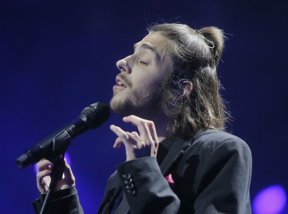 Portugal&#039;s Salvador Sobral performs the song &quot;Amar Pelos Dois&quot; during rehearsals for the Eurovision Song Contest, in Kiev, Ukraine, Monday, May 8, 2017. The first semi final of The Euro ...