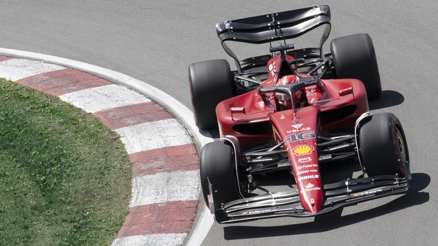Scuderia Ferrari driver Charles Leclerc, of Monaco, takes part in the first practice session at the Formula One Canadian Grand Prix auto race in Montreal, Friday, June 17, 2022. (Jacques Boissinot/The ...
