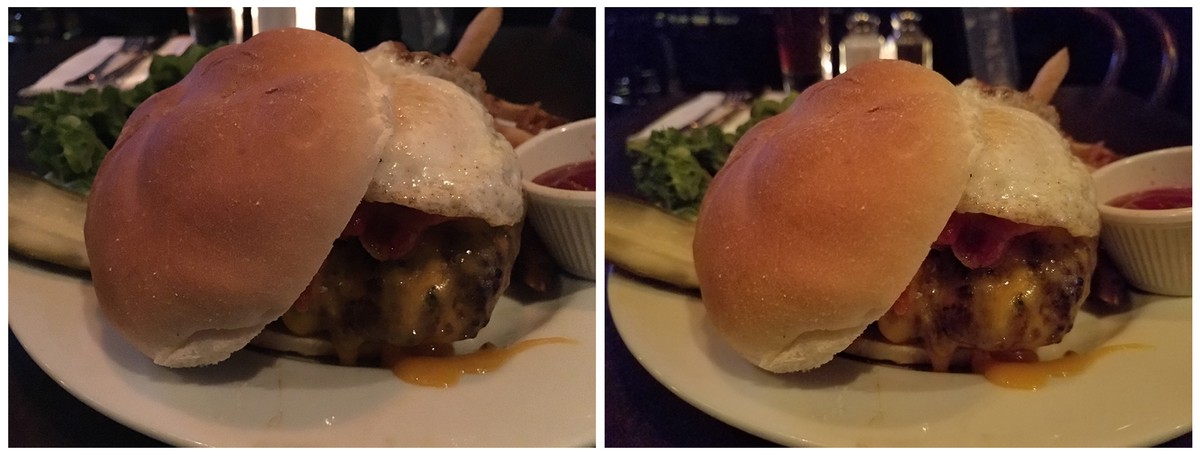 Links das nicht bearbeite Foto mit dem iPhone 6S in einem Restaurant mit wenig Licht. Rechts das unbearbeitete Foto des Galaxy S7.