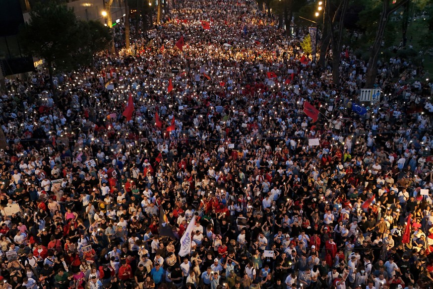 Protesters take part in a rally in Tirana, Albania, Tuesday, June 9, 2026, against the construction of a massive coastal development project linked to Jared Kushner and Ivanka Trump at Narta lagoon ar ...