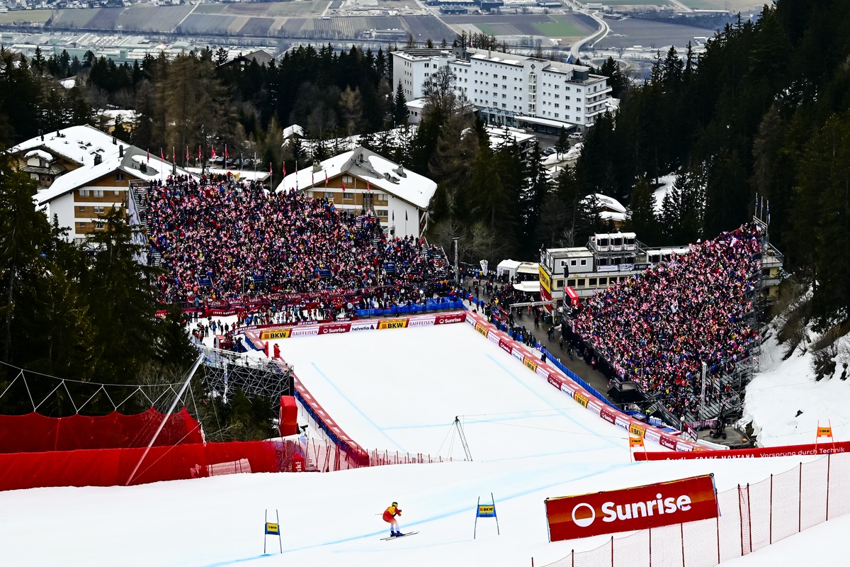 Marco Kohler of Switzerland in action during the men's Super-G race at the Alpine Skiing FIS Ski World Cup, in Crans-Montana, Switzerland, Sunday, February 23, 2025. (KEYSTONE/Jean-Christophe Bot ...