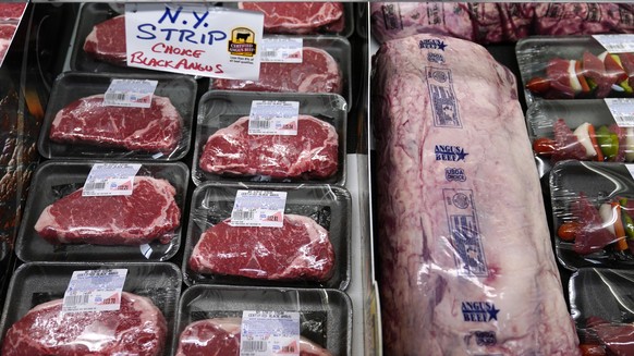 In this Tuesday, June 15, 2021 photograph, beef is displayed in the meat department at Lambert&#039;s Rainbow Market, in Westwood, Mass. Prices at the wholesale level surged by a record 9.6% in Novemb ...