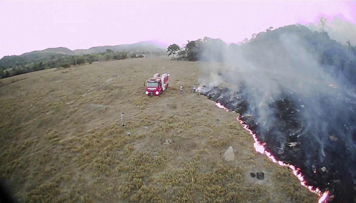 In this Aug. 20, 2019 drone photo released by the Corpo de Bombeiros de Mato Grosso, brush fires burn in Guaranta do Norte municipality, Mato Grosso state, Brazil. Brazil's National Institute for ...