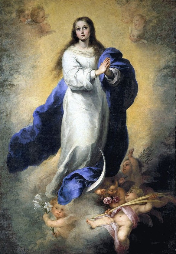 Bartolomé Esteban Murillo: Unbefleckte Empfängnis von El Escorial, ca. 1660-1665. Maria in weiß-blauen Gewändern, auf der Mondsichel stehend, die Engel tragen Mariensymbole: Lilien, Rosen, Palmzweig.
 ...