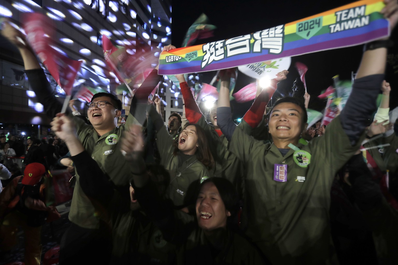 Supporters of Taiwan&#039;s 2024 presidential election candidate, Taiwan vice president Lai Ching-te, also known as William Lai, cheer after Lai&#039;s victory, in Taipei, Taiwan, Saturday, Jan. 13, 2 ...