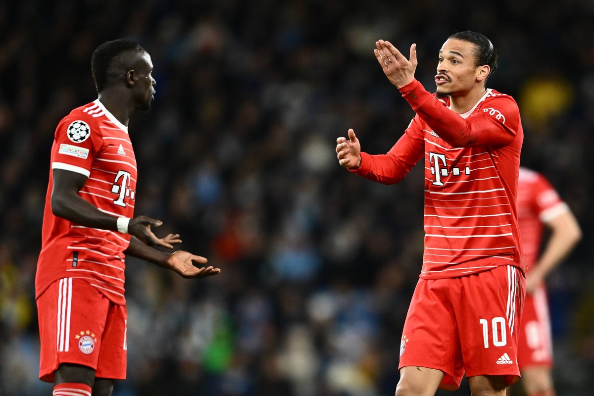 England, Manchester - 11 April 2023 - Sadio Mane and Leroy Sane of Bayern Munich arguee during the UEFA Champions League quarter-final first leg match between Manchester City and FC Bayern Munich at E ...