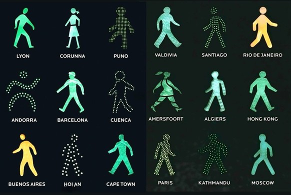 The Walking Men Worldwide project by Maya Barkai has collected images of traffic icons from around the world, presenting them on posters but also as urban installations at human scale.

https://www.in ...