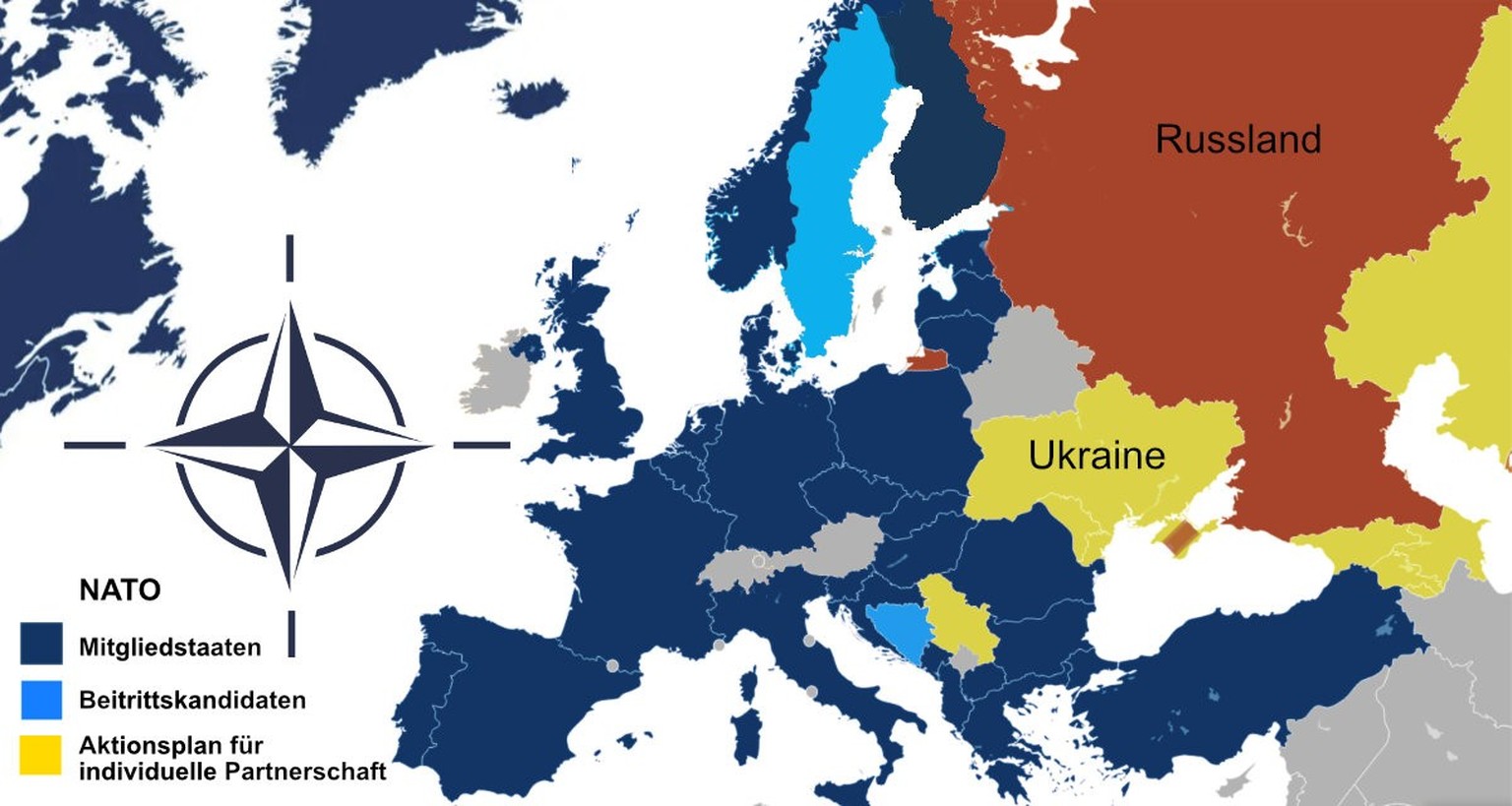 Karte der NATO-Zugehörigkeiten in Europa. Abbildung: San Jose, Wikipedia, gemeinfrei. Angepasst von der Internetredaktion der LpB BW, Stand 4.4.2023.
https://osteuropa.lpb-bw.de/nato-gipfeltreffen#c83 ...