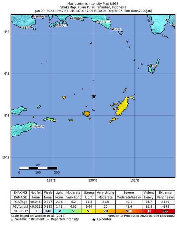 epa10397124 A handout shakemap made available by the United States Geological Survey (USGS) shows the location of a 7.6-magnitude earthquake in the Banda Sea, off the coast of Indonesia&#039;s Tanimba ...
