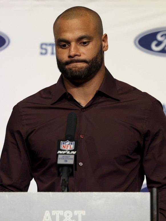 Dallas Cowboys quarterback Dak Prescott takes questions from during a news conference following the team&#039;s NFL football game against the Detroit Lions in Arlington, Texas, Sunday, Oct. 13, 2024.  ...