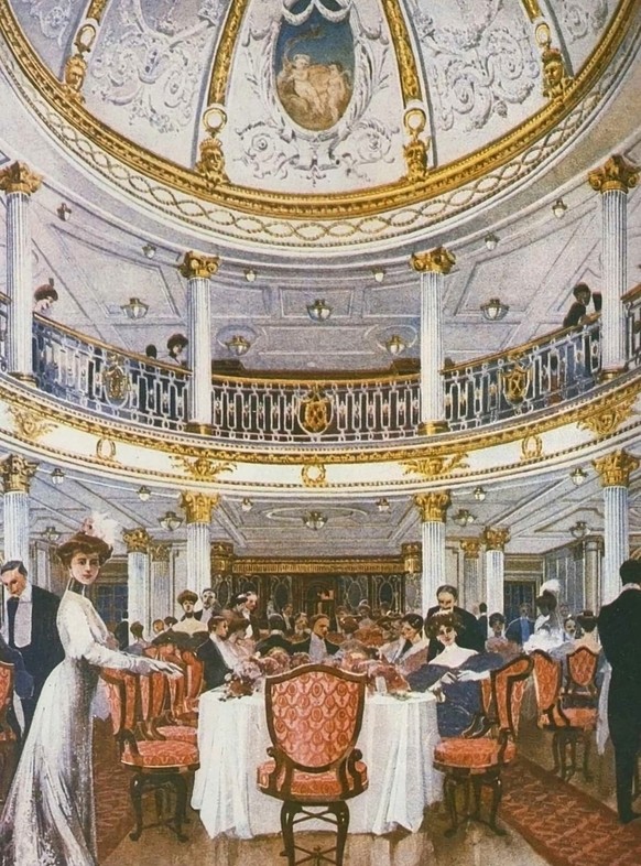 Illustration des Speisesaals der Ersten Klasse auf der Lusitania, um 1906.
https://commons.wikimedia.org/wiki/File:Lustiania_1st_Class_Dining_Saloon_Artistic_Conception.jpg
