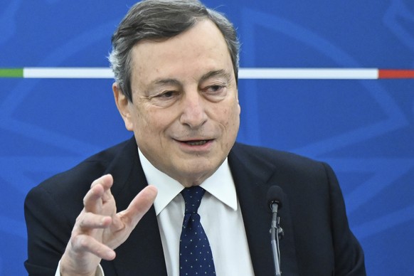 Italy&#039;s Prime Minister, Mario Draghi speaks during a press conference following a Cabinet meeting in Rome, Friday, March 19, 2021. (Alberto Pizzoli/Pool photo via AP))