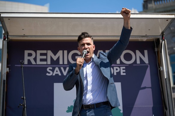 July 15, 2026, Brussels, Belgium: BRUSSELS, BELGIUM �� JULY 2026: Far-right activists Martin Sellner, Eva Vlaardingerbroek, Dries Van Langenhove, Andrea Ballarati and Lucy White joined MEPs Dominik Ta ...