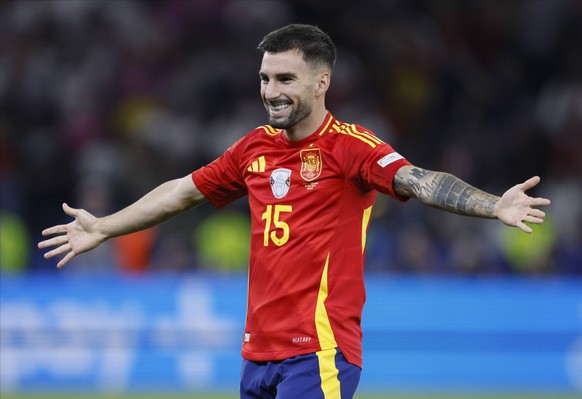 Spain v England: Final - UEFA EURO, EM, Europameisterschaft,Fussball 2024 Alex Baena of Spain celebrates after winning the UEFA EURO 2024 final match between Spain and England at Olympiastadion on Jul ...