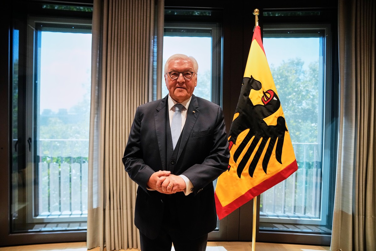German President Frank-Walter Steinmeier welcomes media on his first day at his new presidential office while Schloss Bellevue undergoes renovation in Berlin, Germany, Friday, July 10, 2026. (AP Photo ...