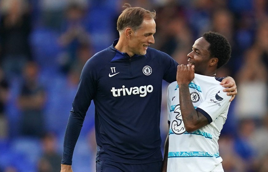 Everton v Chelsea - Premier League - Goodison Park Chelsea manager Thomas Tuchel greets Chelsea s Raheem Sterling following the Premier League match at Goodison Park, Liverpool. Picture date: Saturday ...