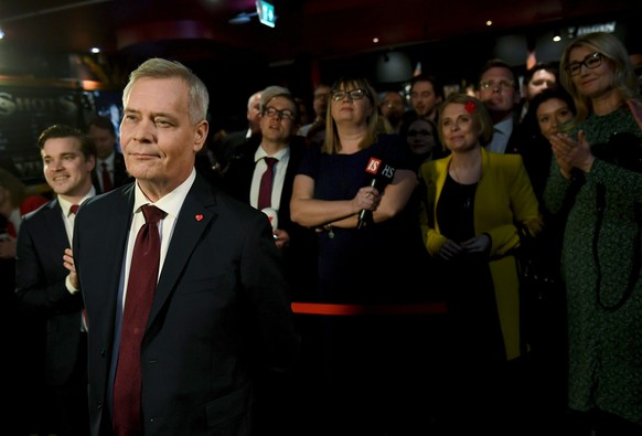 Chairman of the Finnish Social Democratic Party Antti Rinne at the Party&#039;s election party in Helsinki, Finland on April 14, 2019. (Antti Aimo-Koivisto/Lehtikuva via AP)