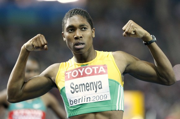 FILE -South Africa&#039;s Caster Semenya celebrates after winning the gold medal in the final of the Women&#039;s 800m during the World Athletics Championships in Berlin on Aug. 19, 2009. (AP Photo/An ...