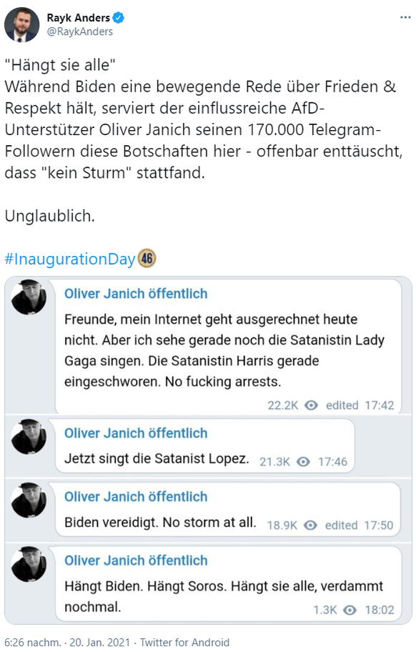 Verschwörungsideologe Oliver Janich wiegelte seine 170'000 Follower auf Telegram auf. Kurz darauf löschte er die letzte Nachricht wieder.
