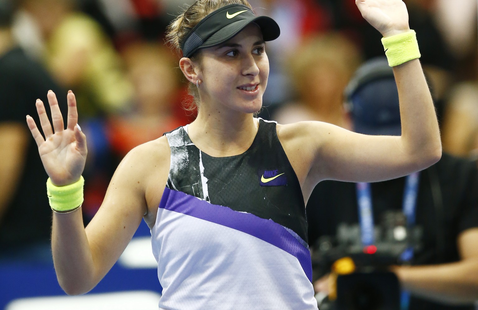 Belinda Bencic of Switzerland celebrates her victory over Anastasia Pavlyuchenkova of Russia in the final match of the Kremlin Cup tennis tournament in Moscow, Russia, Sunday, Oct. 20, 2019. (AP Photo ...
