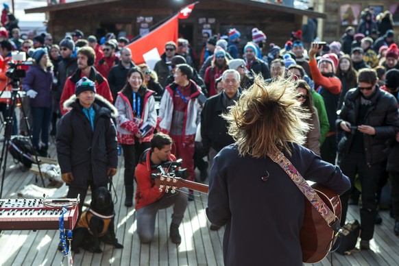 Swiss snowboarder Patrick Burgener performs during his concert at the House of Switzerland at the XXIII Winter Olympics 2018 in Pyeongchang, South Korea, on Thursday, February 15, 2018. (KEYSTONE/Alex ...