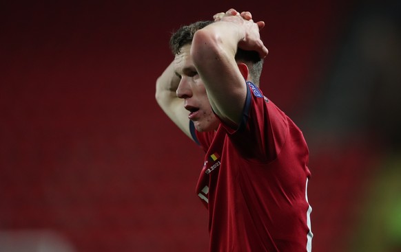 epa09102225 Lukas Provod of Czech Republic reacts during the FIFA World Cup 2022 qualifying soccer match between the Czech Republic and Belgium in Prague, Czech Republic, 27 March 2021. EPA/Martin Div ...