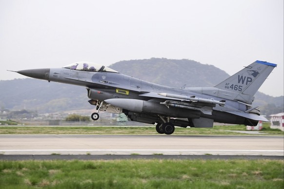 In this photo taken on Sunday, April 16, 2023 by the South Korean Ministry of Defense, U.S. F-16 fighter jets make a landing at Gwangju Air Base in South Korea, Friday, April 14.  The South Korean and ...