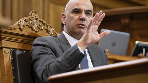 Federal President Alain Berset speaks at the spring session of the Federal Parliament on Tuesday, March 14, 2023 in the Council of States in Bern.  (KEYSTONE/Anthony Anex)