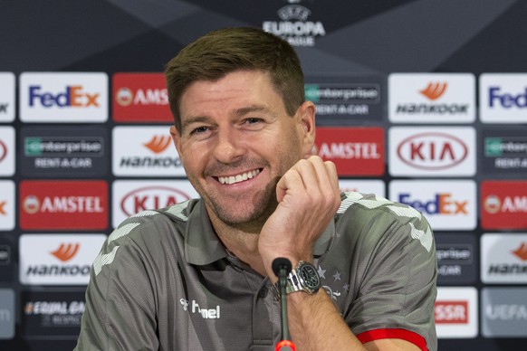 epa07889814 Glasgow&#039;s head coach Steven Gerrard attends a press conference at the Stade de Suisse Stadium in Bern, Switzerland, 02 October 2019. Glasgow Rangers will face BSC Young Boys in their  ...