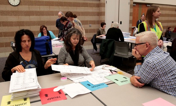 Oakland County clerks count election ballots as a volunteer observer watches during a recount of presidential ballots in Waterford Township, Michigan December 5, 2016. REUTERS/Rebecca Cook