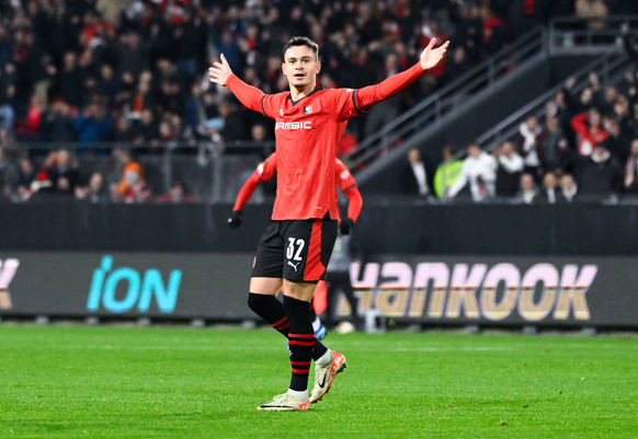 Joie des joueurs de l equipe Rennes apres le but de Fabian RIEDER ( 32 - Rennes ) - FOOTBALL : Rennes vs Panathinaikos - Ligue Europa - 09/11/2023 FedericoPestellini/Panoramic PUBLICATIONxNOTxINxFRAxB ...