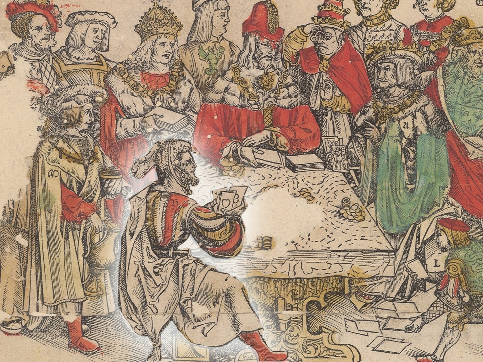 Der Eidgenosse hat am Spieltisch gegenüber den mächtigen Herrschern Europas die besten Karten. Holzschnitt von Hans Rüegger, 1514 (Ausschnitt).