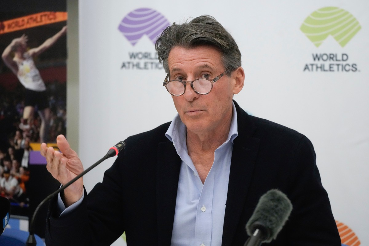 FILE - World Athletics President Sebastian Coe holds a press conference at the conclusion of the World Athletics meeting at the Italian National Olympic Committee, headquarters, in Rome, Wednesday, No ...