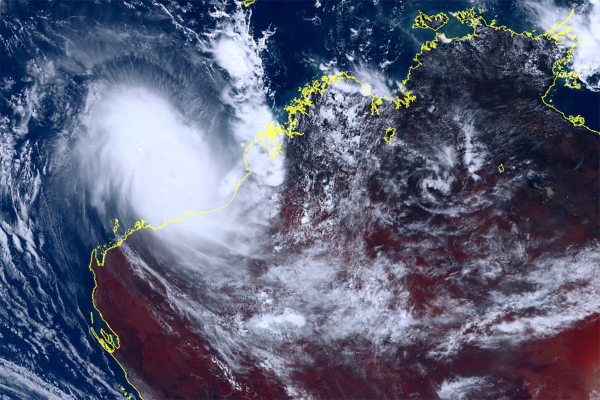This satellite image taken by Himawari-8, a Japanese weather satellite, and provided by National Institute of Information and Communications Technology, shows cyclone Ilsa approaching Australia's ...