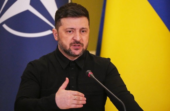 Ukrainian President Volodymyr Zelenskyy speaks during a joint news conference with NATO Secretary General Mark Rutte, in Kyiv, Ukraine, Tuesday, Feb. 3, 2026. (AP Photo/Sergei Grits)
Volodymyr Zelensk ...