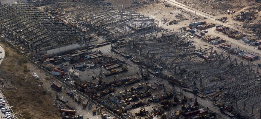 epa08598942 A picture taken with a drone shows a close up of the damaged Beirut&#039;s port four days after explosions that rocked Beirut port, in Beirut, Lebanon, 08 August 2020 (issued 12 August 202 ...