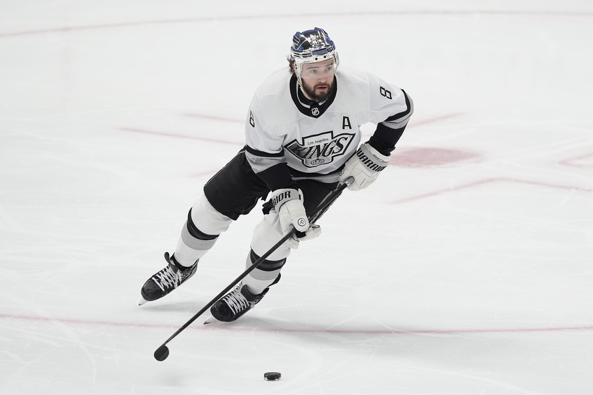 FILE - Los Angeles Kings defenseman Drew Doughty (8) skates with the puck during the first period an NHL hockey game against the Dallas Stars in Dallas, March 16, 2024. (AP Photo/LM Otero, File)
Drew  ...