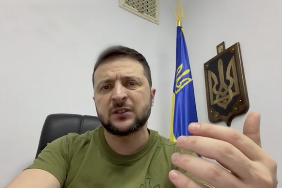In this image from video provided by the Ukrainian Presidential Press Office, Ukrainian President Volodymyr Zelenskyy speaks from Kyiv, Ukraine, Thursday, April 21, 2022. (Ukrainian Presidential Press ...