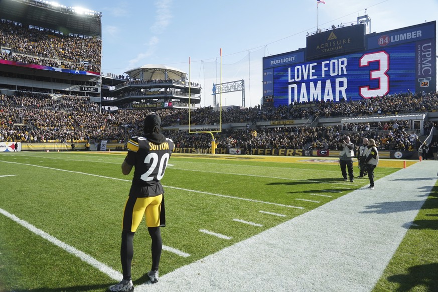 Pittsburgh Steelers cornerback Cameron Sutton (20) stands on the sideline during a pause in support of injured Buffalo Bills Safety Damar Hamlin during the first half of an NFL football game in Pittsb ...