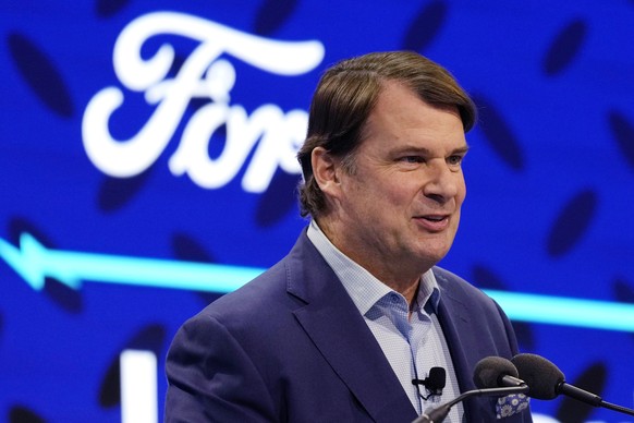 FILE - Ford Motor Co., President and CEO Jim Farley announces the automaker&#039;s new BlueOval Battery Park, Monday, Feb. 13, 2023, in Romulus, Mich. Ford&#039;s top executive says that last fall?s c ...