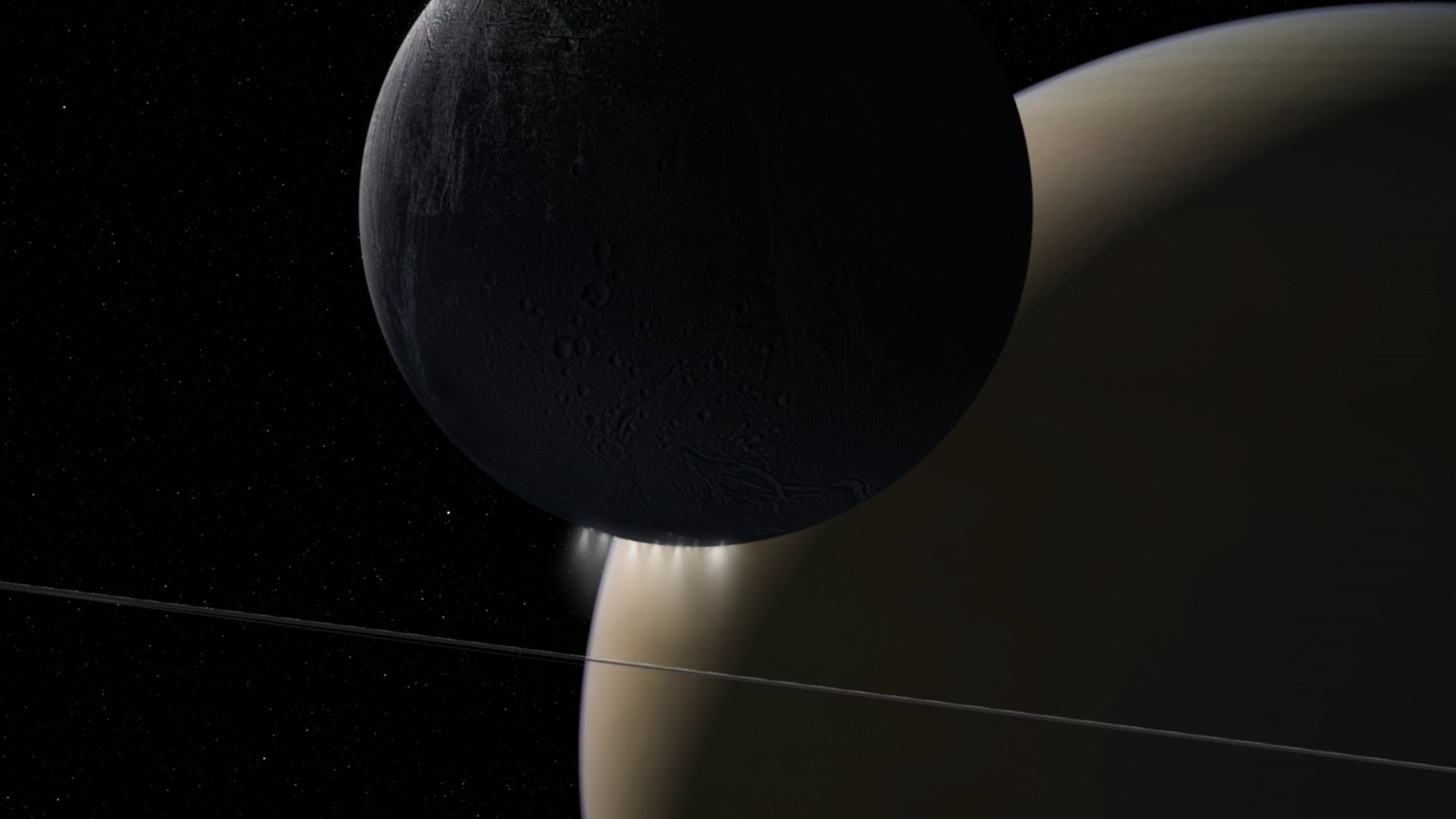 Der Saturn und sein Mond Enceladus. Der Saturnmond speit Fontänen von Wasserdampf in den Weltraum.&nbsp;