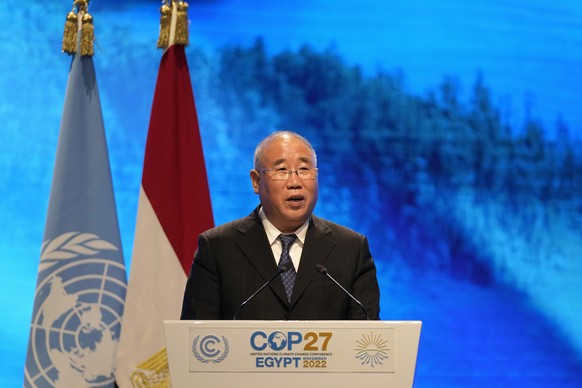 Xie Zhenhua, China&#039;s special envoy for climate, speaks at the COP27 U.N. Climate Summit, Tuesday, Nov. 8, 2022, in Sharm el-Sheikh, Egypt. (AP Photo/Peter Dejong)